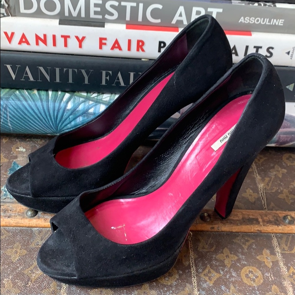 MIU MIU black suede peep toe pumps
